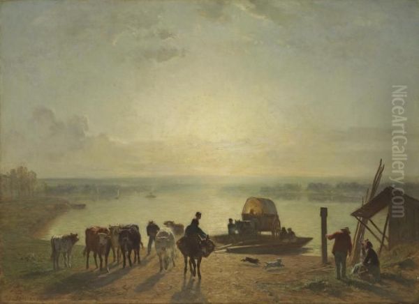 Unloading The Ferry, Sunset by Constant Troyon