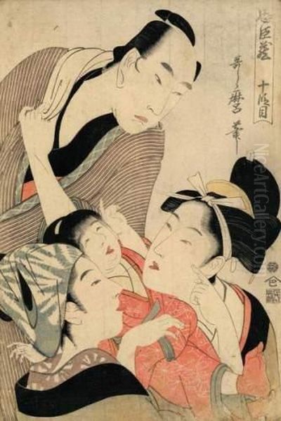 Deux Jeunes Femmes Avec Un Enfant Observe Par Un Ronin. by Kitagawa Utamaro