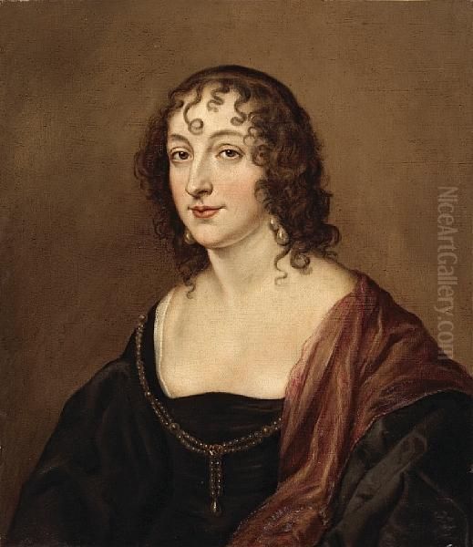 A Portrait Of A Lady, 
Half-length, With Pearlearrings, Wearing A Black Dress With A Red Wrap by Sir Anthony Van Dyck