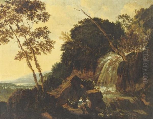 A Mountainous River Landscape With Peasants Resting With Their Flock Near A Waterfall by Allart Van Everdingen