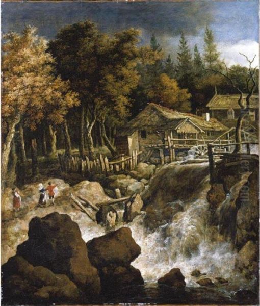 A Scandinavian Wooded Landscape 
With A Watermill, Three Figures Beside A Waterfall In The Foreground by Allart Van Everdingen