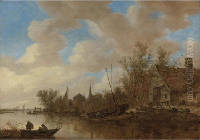 River Landscape With Men Fishing
 From Boats And Men Repairing A Boat Before A Wooden House Oil Painting - Jan van Goyen