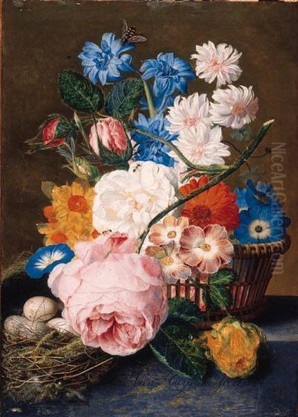 Roses, Morning Glory, Narcissi, 
Aster, And Other Flowers In Abasket, With Eggs In A Nest On A Marble 
Ledge by Jan Van Huysum