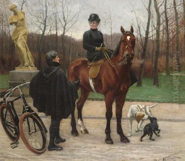 Romantic Scene In The Park With Lady On A Horse, Young Man And Two Dogs by Jef Louis Van Leemputten