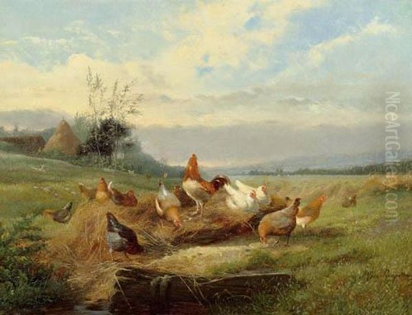 Landscape With Hens. by Jef Louis Van Leemputten