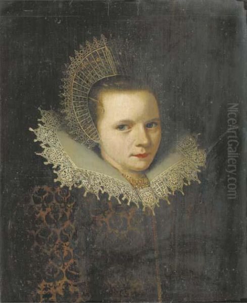 Portrait Of A Lady, Bust Length,
 In A Brown Velvet Dress With Afloral Pattern And A White Lace Collar, A
 Gold Necklace, And Awhite Lace Cap Fastened By A Pearl Pin by Michiel Jansz. Van Miereveldt