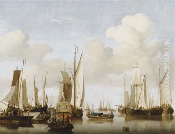 A Calm With Merchants In A Rowing Boat In The Foreground by Jan van Os