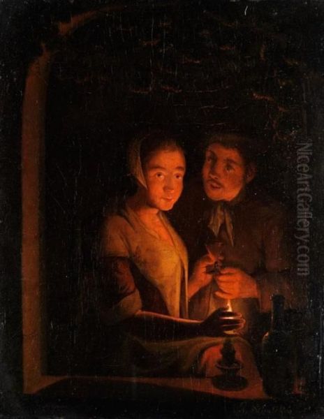 Junges Paar Bei Kerzenlich In Einem Fensterrahmen by Godfried Schalcken