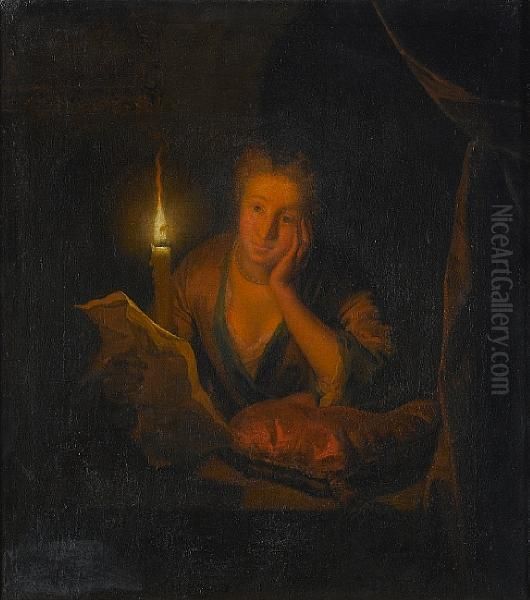 A Lady Contemplating A Letter By Candlelight by Godfried Schalcken