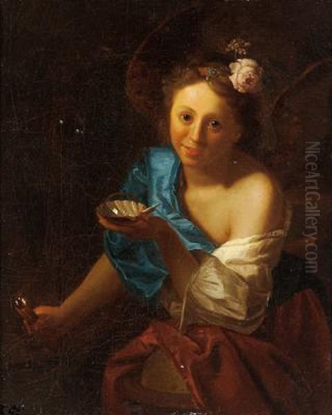 Ritratto Di Una Signora Con Una 
Conchiglia Per Soffiare Bolle Di Sapone E Una Fiaccola Accesa by Godfried Schalcken