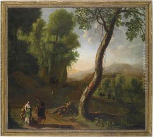 A Wooded Landscape With Meleager
 Presenting The Head Of The Calydonian Boar To Atalanta, The Rest Of The
 Hunting Party Retreating Beyond by Herman Van Swanevelt