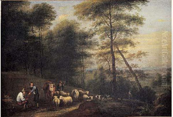 Paysans Et Leur Troupeau Dans Un Paysage by Lucas Van Uden