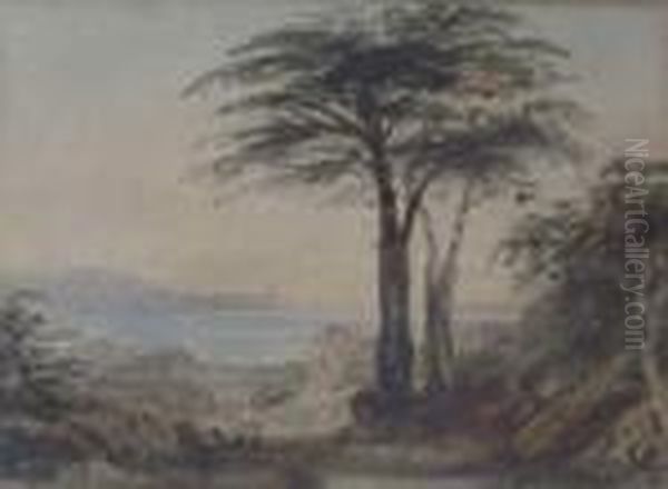 'coast Scene With Figures Under Trees' And 'cottage Among Trees With Figures' by John Varley