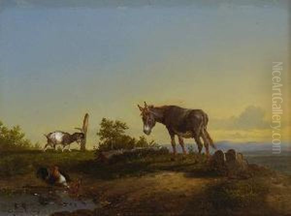 Esel, Ziegenbock Und Huhner Auf
 Der Weide. by Eugene Joseph Verboeckhoven