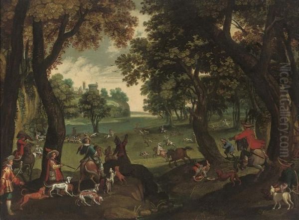 A Wooded Landscape With A Hunting Party, A Castle Beyond by Sebastien Vrancx