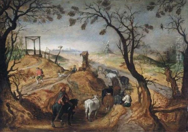 A Wooded Landscape With Farmhands And Cattle by Sebastien Vrancx