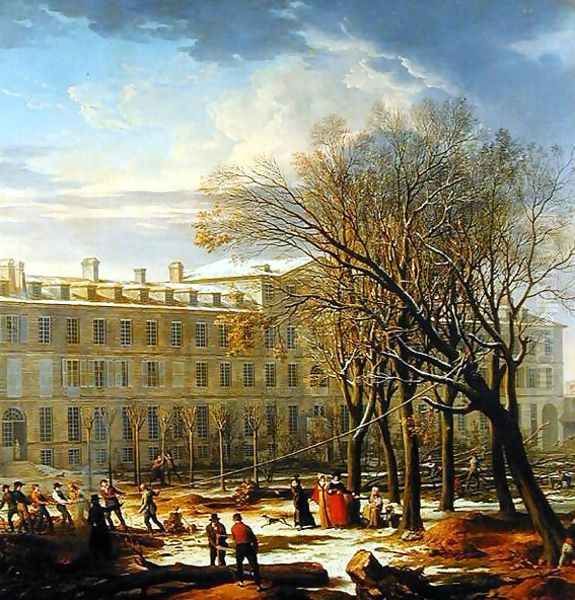 Figures Felling Trees Outside a Building in Paris by Charles Thevenin