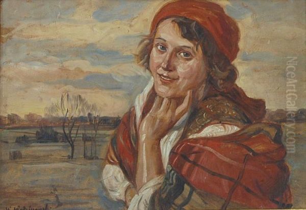 Portret Dziewczyny W Chuscie by Wincenty Wodzinowski