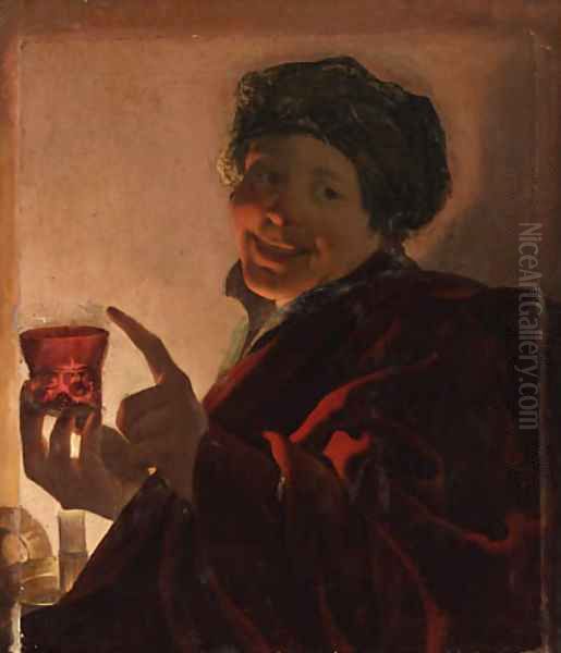 A boy holding a roemer of wine by candlelight by Hendrick Terbrugghen