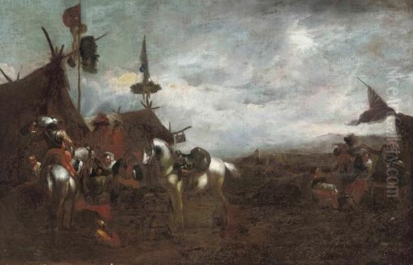 Soldiers At Rest In A Military Encampment by Pieter Wouwermans or Wouwerman