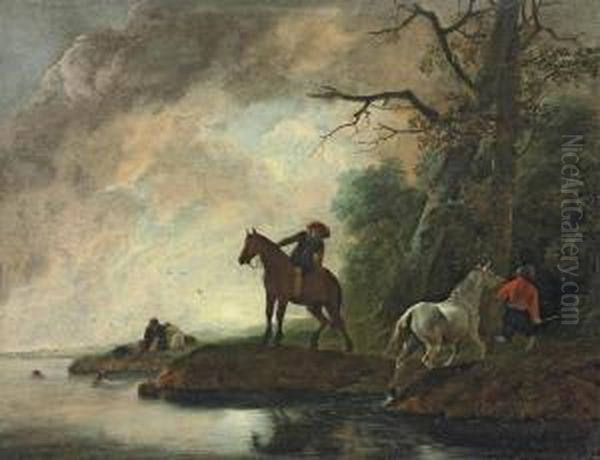 A River Landscape With A Horse Led Back From Watering by Pieter Wouwermans or Wouwerman