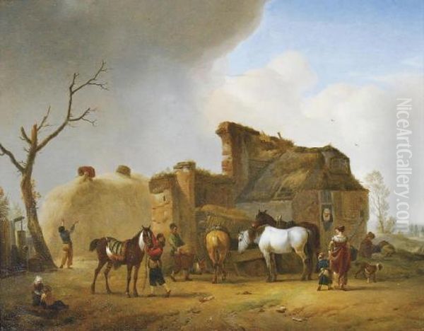 Peasants Looking After Their Horses Outside A Farmstead by Pieter Wouwermans or Wouwerman