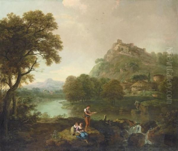 An Extensive River Landscape 
With A Fisherman And His Family On The Bank Above A Cascade, A Thatched 
Villa And A Hilltop Fortress Beyond by Francesco Zuccarelli