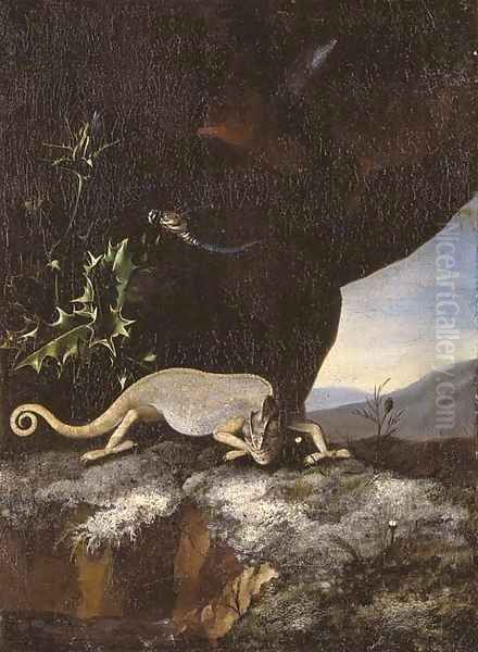 A chameleon with a dragonfly on a thistle, in a landscape by Willem Van Aelst