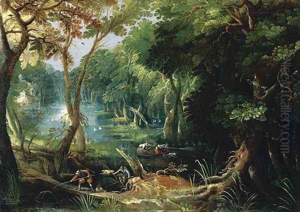 Wooded River Landscape 1618, Oil on canvas, 67 x 95 cm by Frederik van Valkenborch