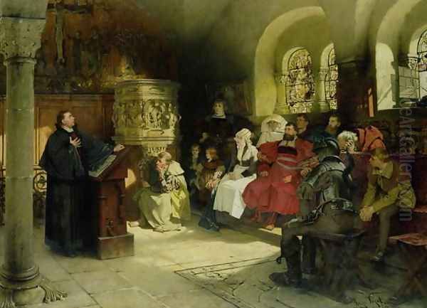 Luther Preaches using his Bible Translation while Imprisoned at Wartburg, 1882 by Hugo Vogel