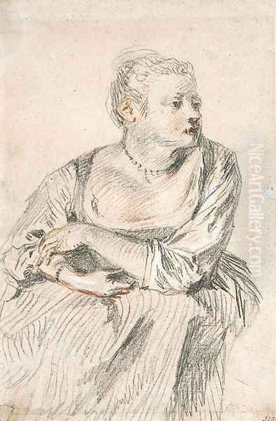 A seated woman with a generous dcollet, her arms folded on her lap, looking to the right by Jean-Antoine Watteau