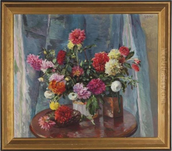 Still Life Of Dahlias In A Vase On A Table by Mathias Joseph Alten