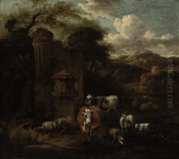 An Extensive Mountainous 
Landscape With A Herd Of Cattle, Sheep Andgoats At Water, By Classical 
Ruins, A Hilltop Tower And Fortressbeyond by Michiel Carre