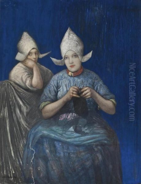 Two Dutch Girls Knitting by Nico Jungmann