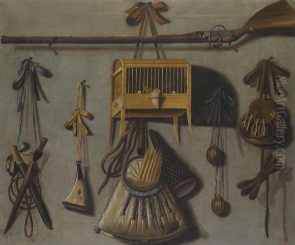 A Trompe L'oeil Still Life Of A Bird-cage With Hunting Paraphernalia by Johannes Leemans