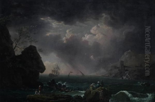 A Stormy Coastal Landscape, With Figures On Rocks In The Foreground by Thomas Patch