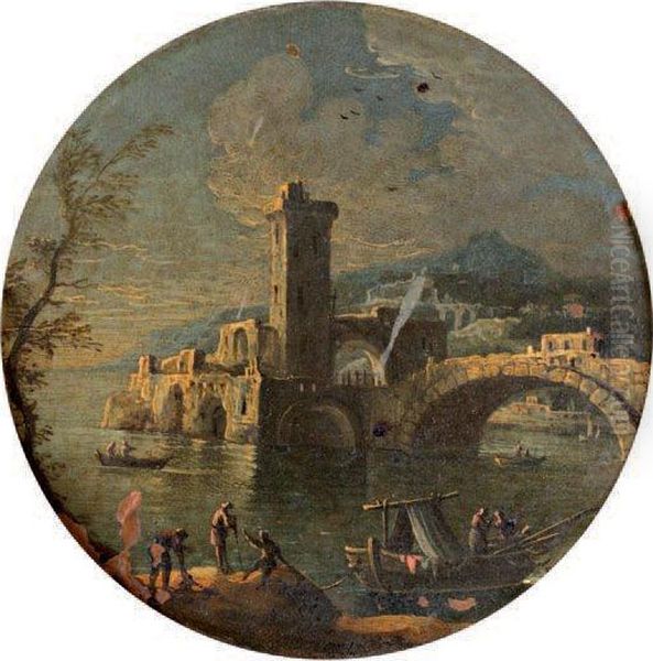 Pecheurs Pres D'un Pont by Bartolomeo Pedon