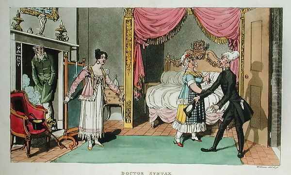 Doctor Syntax Looking at Lodgings, from The Tour of Doctor Syntax through London, or the Pleasures and Miseries of the Metropolis. A Poem, published 1820 by Williams