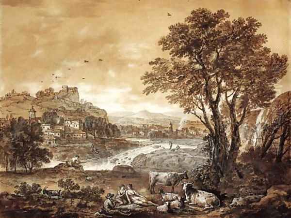 An extensive river landscape with shepherds resting under a tree by a cascade by Francesco Zuccarelli