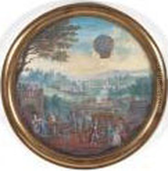 Grande Miniature Sur Papier Representant L'envol D'une Montgolfiere. by Henri Joseph Van Blarenberghe