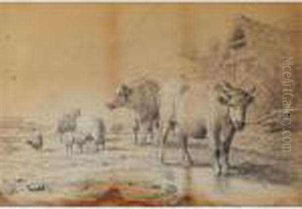 Cattle, Sheep And Poultry Grazing By An Outbuilding by Eugene Joseph Verboeckhoven