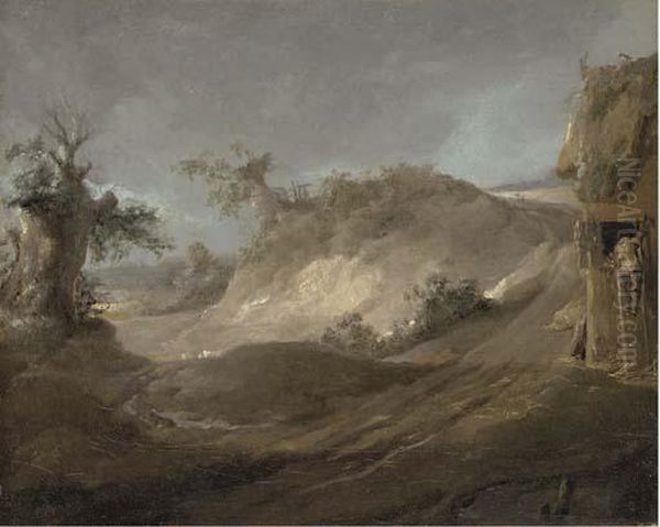 Landscape With A Figure Climbing Up To A Hay Loft, And A Pig by George Morland