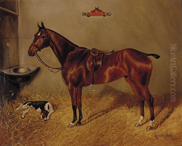 Hotspur, A Saddled Liver Chestnut Hunter With A Dog In A Stable by Herbert Jones