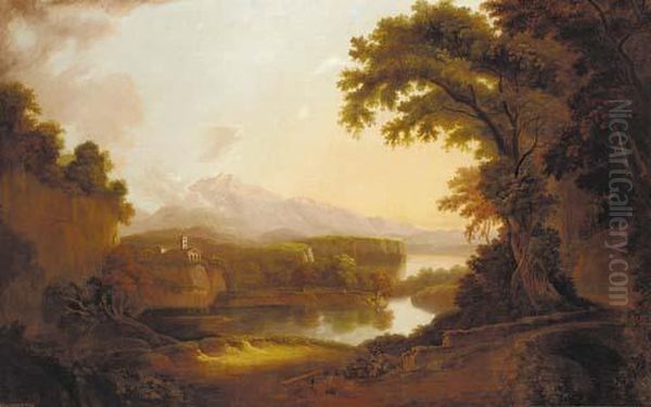 An Italianate River Landscape With A Church And Mountains Beyond by Hellen Melville