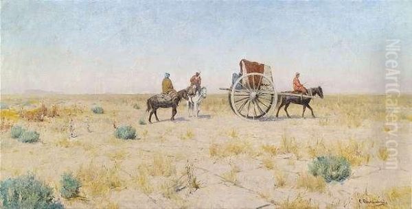 Reiter Und Pferdefuhrwerk Vor Weiter Steppe by Sergei Ivanovich Svietoslavski