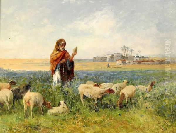 Shepherd With Flock In Lupin Pasture by David Bates