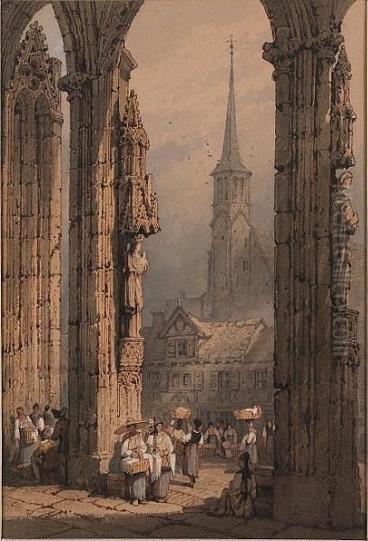 Figures At The Cathedral Portal, Ulm; Street Scene, Ulm, A Pair by Samuel Prout