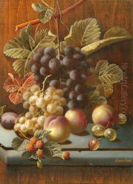 Still Life - Peaches, Bunches Of Grapes, Rasberries And Gooseberries On A Marble Ledge by Oliver Clare