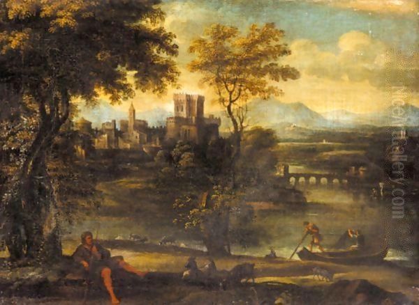 A Classical Landscape With A Shepherd And Fisherman, A Town Beyond by Pietro Paolo Bonzi