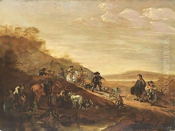 A Hilly Landscape With Sportsmen, Horses And Hounds Resting After The Hunt by Dirck Willemsz. Stoop